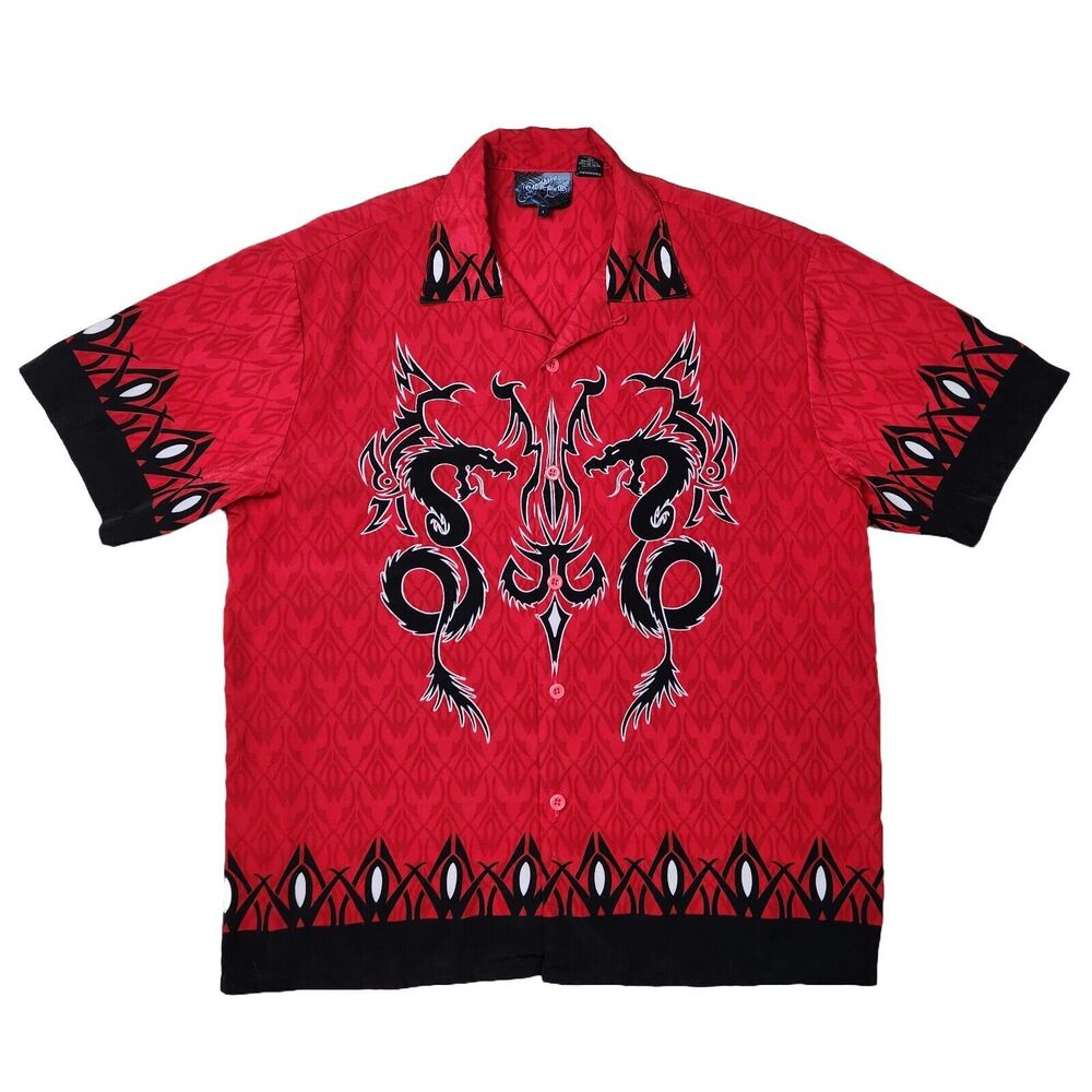 Sapphire‎ Lounge Shirt Mens L Dragon Red Button Up Y2k Guy Fieri All Over Print